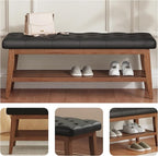 LEILISI Entryway Shoe Bench with Storage, End of Bed Bench, Microfiber Leather Upholstered Button-Tufted Seat Bench with Solid Wood Frame for Living Room, Bedroom (Black, 43.3'')