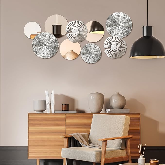 Hicarer 9 Pcs Circle Mirrors Metal Home Decor Wall Decorative Modern Round Accent Wall Art Sculpture Hanging Decorations for Living Room Office Bedroom Kitchen(Silver)