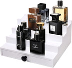 White Cologne Organizer for Men - 4 Tier Wooden Cologne Display Stand with Drawer and Hidden Compartment for Organizing and Storing, Mens Cologne Holder Shelf for Dresser
