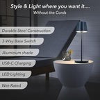 Generation Lighting Mena Accent Rechargeable Table Lamp – 14.5” Hague Blue Steel Lamp with 3-Way Base Switch, 2.4W Up/Down LED at 2700K, 260 Lumens, USB-C, Wet Rated (8000701-224)