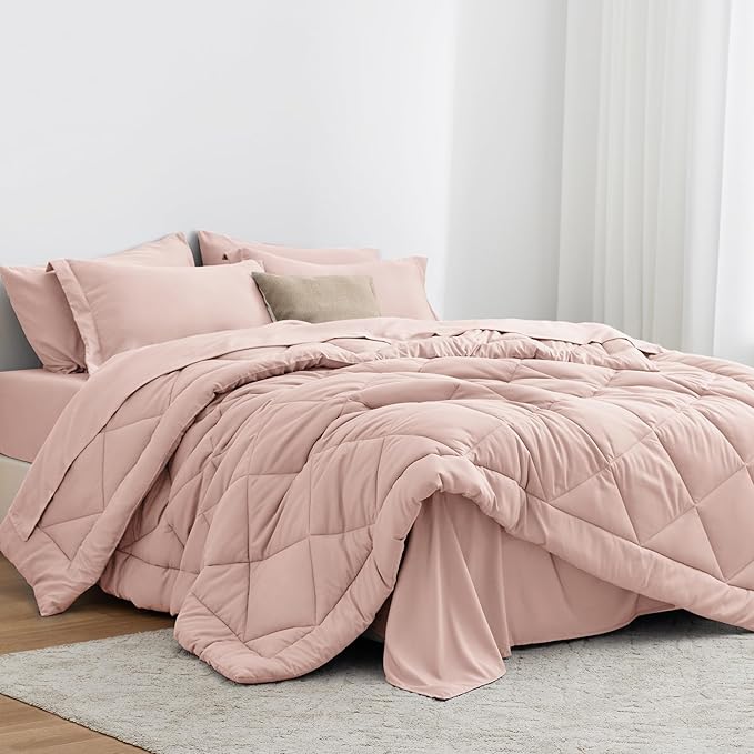 Love's cabin King Size Comforter Set Pink, 7 Pieces King Bed in a Bag, All Season Bedding Sets with 1 Comforter, 1 Flat Sheet, 1 Fitted Sheet, 2 Pillowcase and 2 Pillow Sham