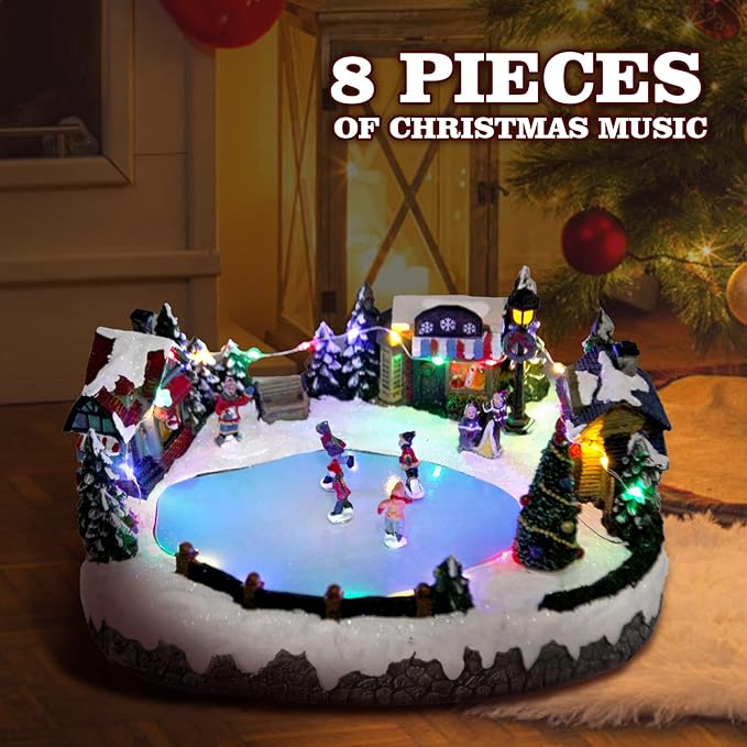 Christmas Village House Collectible Building Christmas Decor Estatua de la cabaña del Pueblo navideño Home Decoration Snow Globe Display Skating Pond Animated Theme Park with 8 Music (L)