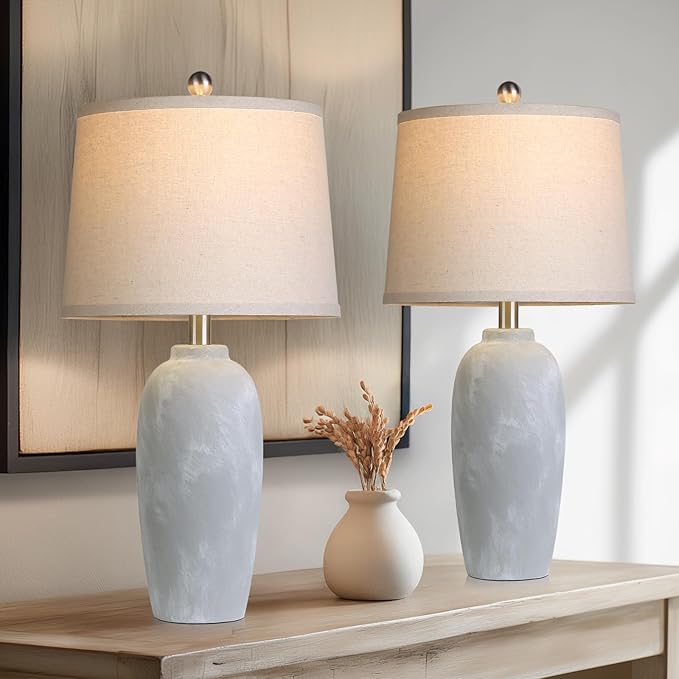 25“ Jar Table Lamps Set of 2, Ceramic Bedside Lamps for Bedroom, Grey Farmhouse Nightstand Lamps for Living Room
