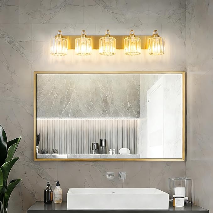5-Lights Brushed Brass Bathroom Light Fixture Gold Vanity Lights Modern Crystal Bathroom Vanity Lighting Over Mirror Wall Sconce with K9 Crystal Shade E26 Base for Living Room, Bedroom Wall Lamp