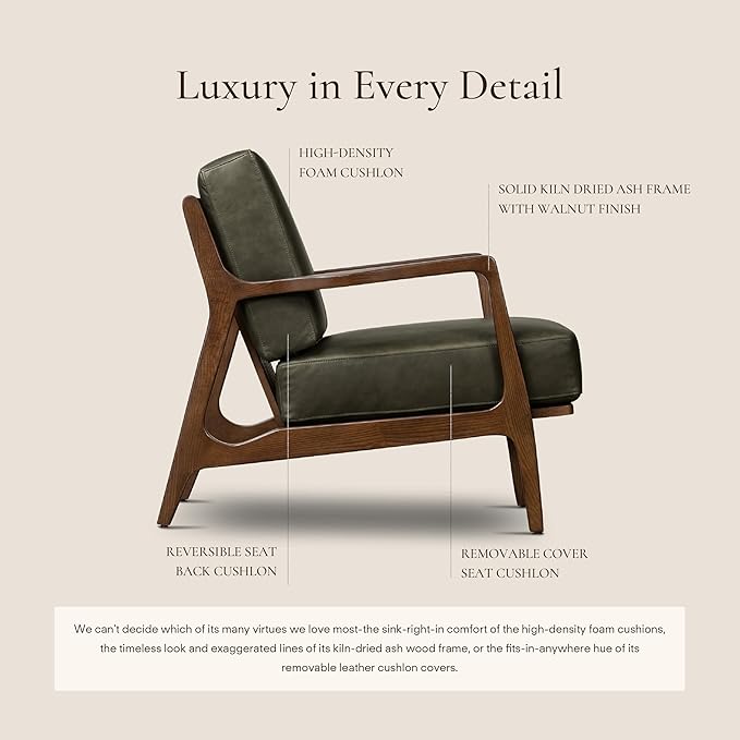 Poly & Bark Verity Leather Accent Chair – Armchair with Walnut Wood Frame – Fashion-Forward Lounge Seating for Living Room – Upholstered in Olivine Green Leather for Modern Style