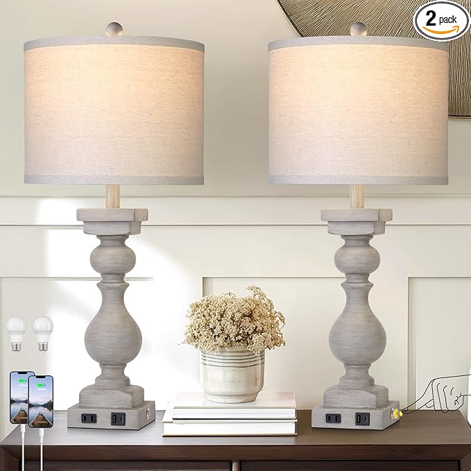 28" Tall Farmhouse Table Lamps Set of 2 with USB C+A Ports and AC Outlet, 3 Way Touch Tall Rustic Bedside Lamps for Living Room, Grey Vintage Lamps for Bedroom