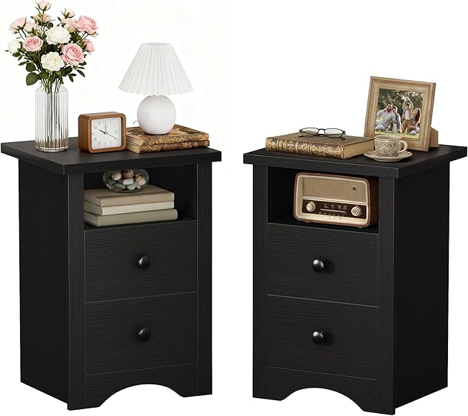 JUMMICO Farmhouse Nightstands, End Table with 2 Storage Drawers and Open Shelf, Rustic Bedside Table for Bedroom, Living Room(2, Black)