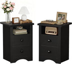JUMMICO Farmhouse Nightstands, End Table with 2 Storage Drawers and Open Shelf, Rustic Bedside Table for Bedroom, Living Room(2, Black)