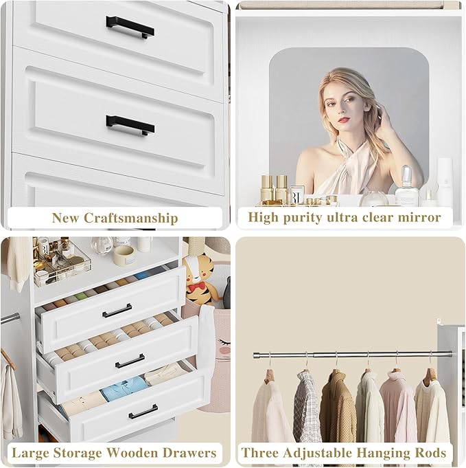 Unikito Closet System with 6 Drawers, 6-14Ft Closet Organizer with Mirror, Walk-in Closet Organizer Wardrobe Clothes Rack with 3 Hanging Rods, Sturdy Wood Clothing Garment Rack with Tower, White