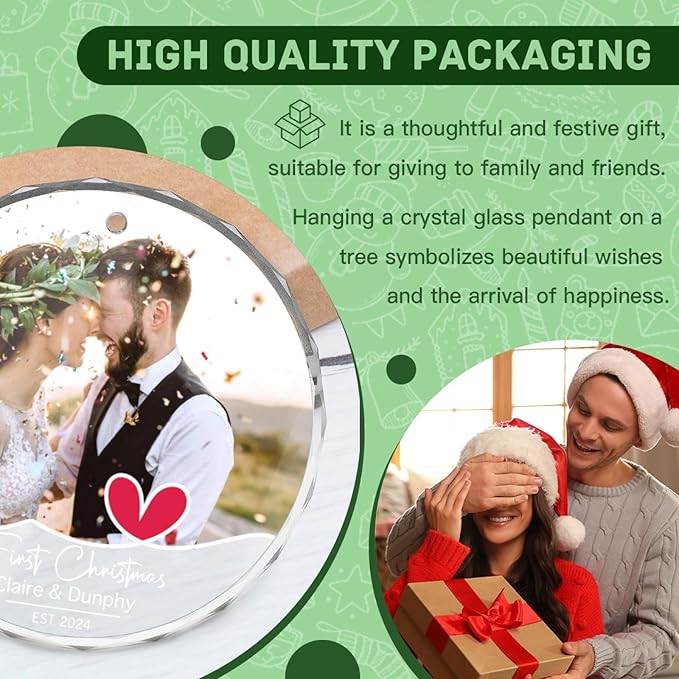 Personalized First Christmas Married Ornament 2024 Photo Text Custom Christmas Ornaments Crystal 2024 Customized Weddings Gifts for Couples Family Friends Xmas Decor