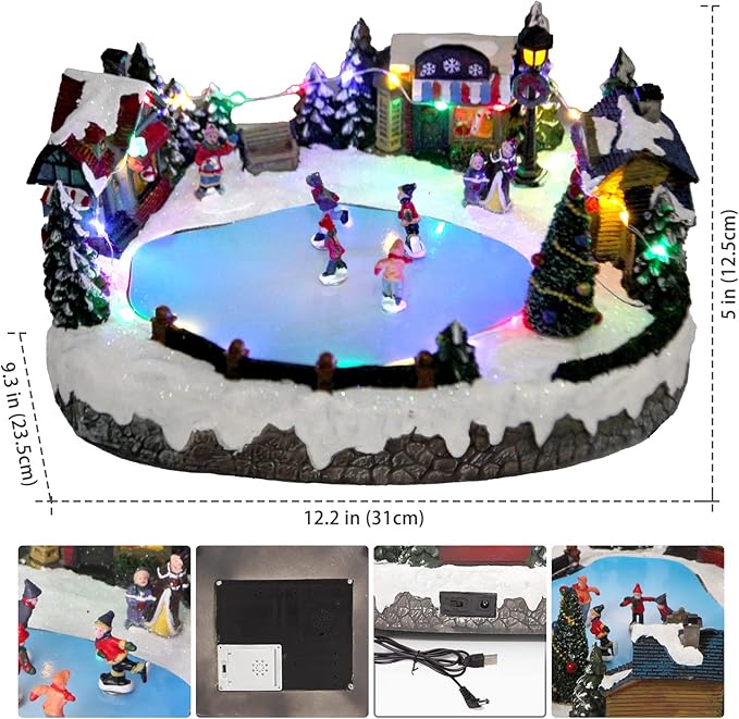 Christmas Village House Collectible Building Christmas Decor Estatua de la cabaña del Pueblo navideño Home Decoration Snow Globe Display Skating Pond Animated Theme Park with 8 Music (L)