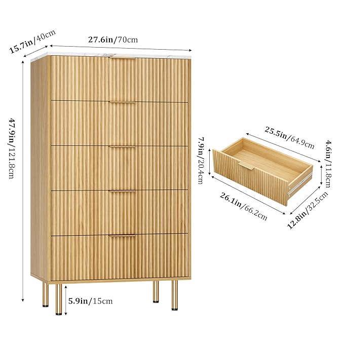 GarveeHome 5 Drawers Dresser for Bedroom, Fluted Dresser Chest of Drawers with Handle, Wood Modern Dressers for Closet, Bedroom Furniture Storage Organizer for Living Room, Hallway