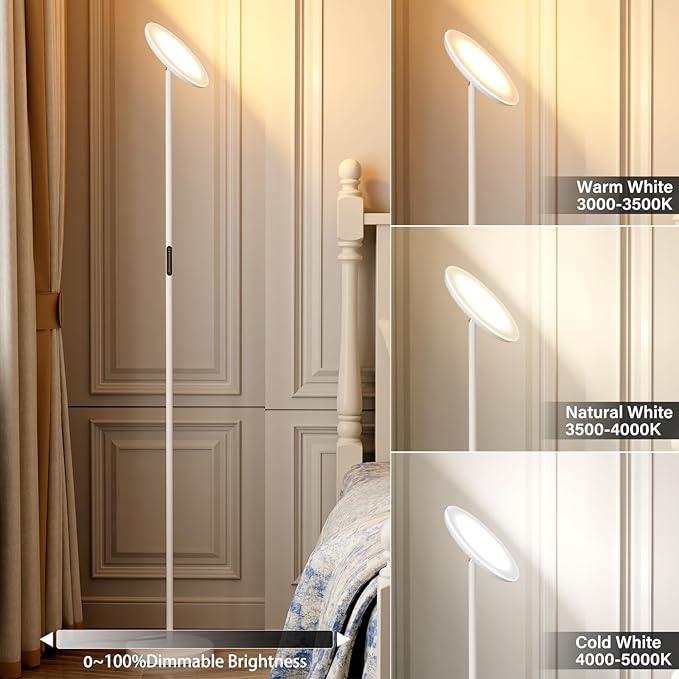 Modern LED Floor Lamp - Remote & Touch Control, Sky Torchiere Standing Lamp, Fully Dimmable, 3 Color Temperatures, Ideal for Living Room & Bedroom, Easy to Assemble(White)
