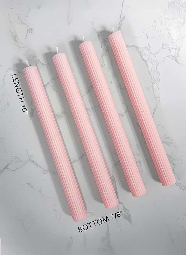 10" Candle Sticks, Ribbed Taper Candles, Blush Pink, 4-Pack, Unscented