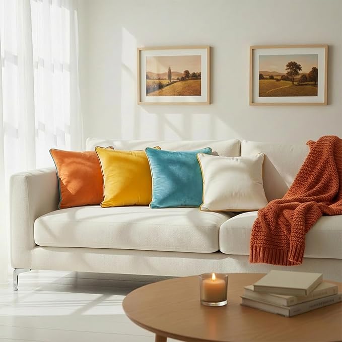 Mecatny Set of 4 Velvet Throw Pillow Covers 20x20, Soft Colorful Accent Decorative Couch Pillow Covers for Sofa Living Room, Orange/Yellow