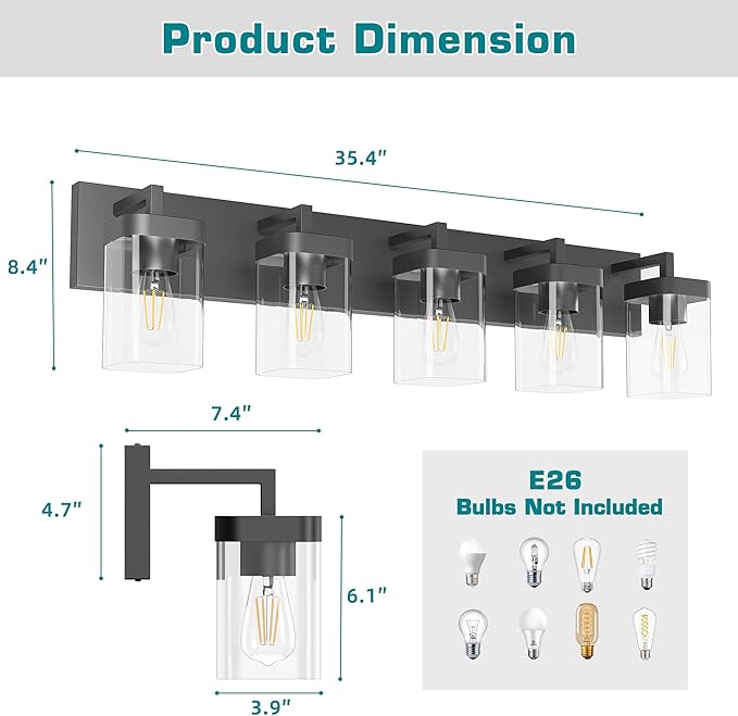 Bathroom Vanity Light, Square Design 5 Lights Morden Bathroom Lighting Fixtures Over Mirror, Black Vanity Light for Living Room/Bedroom