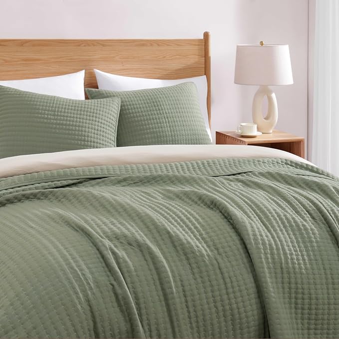WRENSONGE Queen Quilt-3 Pieces Lightweight Bedspreads Sage Green Queen Size Quilt Bedding Set for All Seasons, Soft Summer Coverlet with 2 Pillow Shams Suitable for Bed, Couch