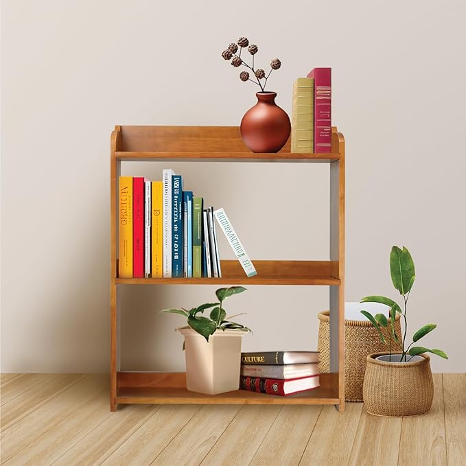 Pink Bookcase by Natural Wood, 4 Tier Bookshelf, Small Book Shelves Freestanding Display Storage Shelves. Open Bookshelf for Bedroom, Living Room and Office (Brown, 3 Tier Simple)