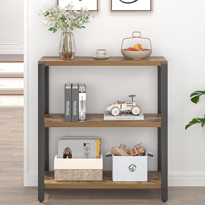 EXCEFUR Small Bookshelf, 3 Tier Short Low Book Shelf, Modern Metal and Wood Standing Etagere Bookcase for Home Office Living Room Bedroom, Rustic Brown