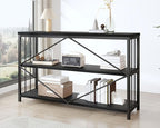 IBF Low Horizontal Book Shelf, Industrial Modern 3 Tier Bookshelf, Farmhouse Short Open Storage Organizer Long Shelf, Simple Wide Wood Metal Sturdy Etagere for Bedroom Living Room, Black Oak, 47 in