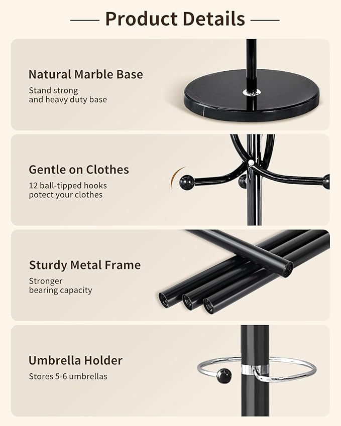 ZOZOE Metal Coat Rack Stand, Modern Coat Rack Freestanding with Natural Marble Base, Sturdy Coat Racks with 10 Hooks & Umbrella Holder,Black Coat Tree Hanger Stand for Bags,Hats,Entryway,Office