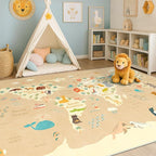 Washable Kids Rug for Playroom – 5x7 Toddlers Room Play Rug, Educational World Map Play Mat with Cute Animals – Non-Slip, Stain Resistant, Soft & Safe for Baby, Nursery, Kids Room, Bedroom - Beige