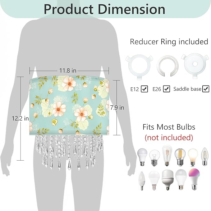 Spring Flower Lamp Shade with Acrylic Bead Droplets, Teal Wild Floral Fabric Light Shade for Pendant Table & Floor Lamps, Nature Decor for Garden Women, 11.8in