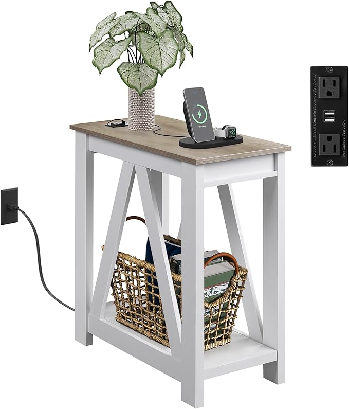WLIVE Farmhouse End Table, Narrow Side Table with Charging Station, Slim End Table, Side Table for Bedroom, Living Room, Small Spaces, 2 USB and 2 Power Outlets, 11.8" D x 23.6" W x 23.74" H
