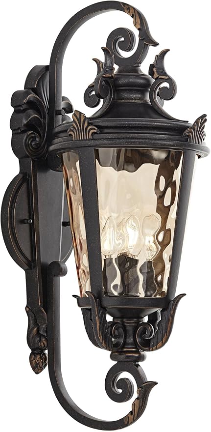 John Timberland Casa Marseille Vintage Outdoor Wall Light Fixture Veranda Bronze Scroll Frame 31" Champagne Hammered Glass for Exterior House Porch Patio Outside Deck Garage Yard Front Door