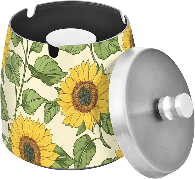 Sunflower Ashtray with Lid, Outdoor Ashtrays for Patio, Stainless Steel Ashtray Odorless Smokeless for Home Office Balcony