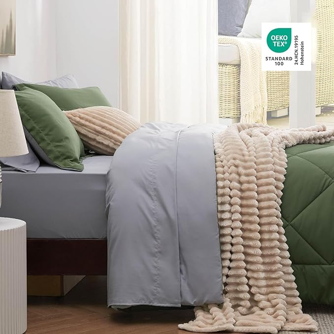 Bedsure Queen Comforter Set - 7 Pieces Reversible Olive Green Bedding, Queen Size Bed Set for All Seasons, Bed in a Bag with Down Alternative Comforter, Sheets, Pillowcases & Shams