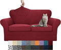 YEMYHOM Latest Checkered 3 Pieces Couch Covers for 2 Cushion Couch High Stretch Thickened Love Seat Sofa Cover for Dogs Pets Anti Slip Elastic Loveseat Slipcover (Wine Red), 55"-69"(2 Cushions)