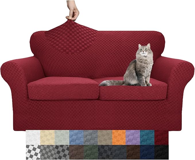 YEMYHOM Latest Checkered 3 Pieces Couch Covers for 2 Cushion Couch High Stretch Thickened Love Seat Sofa Cover for Dogs Pets Anti Slip Elastic Loveseat Slipcover (Wine Red), 55"-69"(2 Cushions)