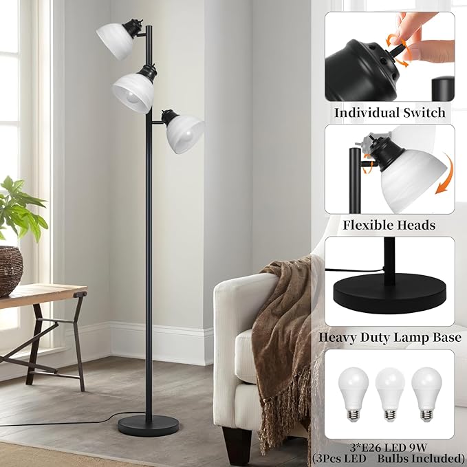 63" Modern 3-Head Adjustable Floor Lamp, Standing Lamp with Glass Shades for Living Room, Bedroom & Office,3x9W E26 LED Bulbs Included, Weighted Base