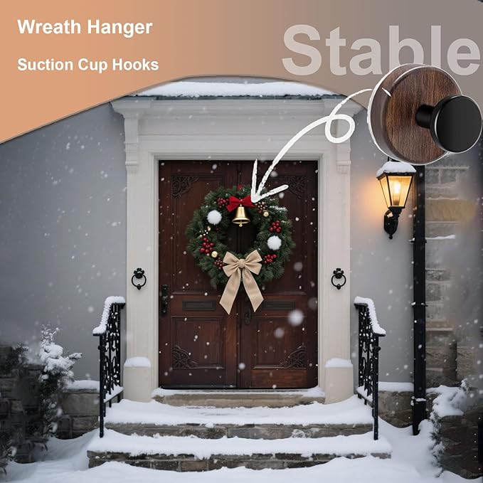 Wreath Hanger for Front Door, 4Pack Suction Cup Hooks for Glass Window/Over Door/Outdoor, Christmas/Thanksgiving/Halloween/July 4th/Easter/Valentine/Fall/Summer/Spring (4 Pack)