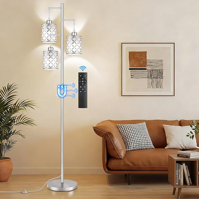 New Upgraded 72" Tall Dimmable Floor Lamp, 3 x 800LM 9W LED Bulbs Included, Farmhouse Standing Lamp with Remote Control, Industrial Tree Pole Floor Lamps for Living Room, Bedroom, Study Room - Silver