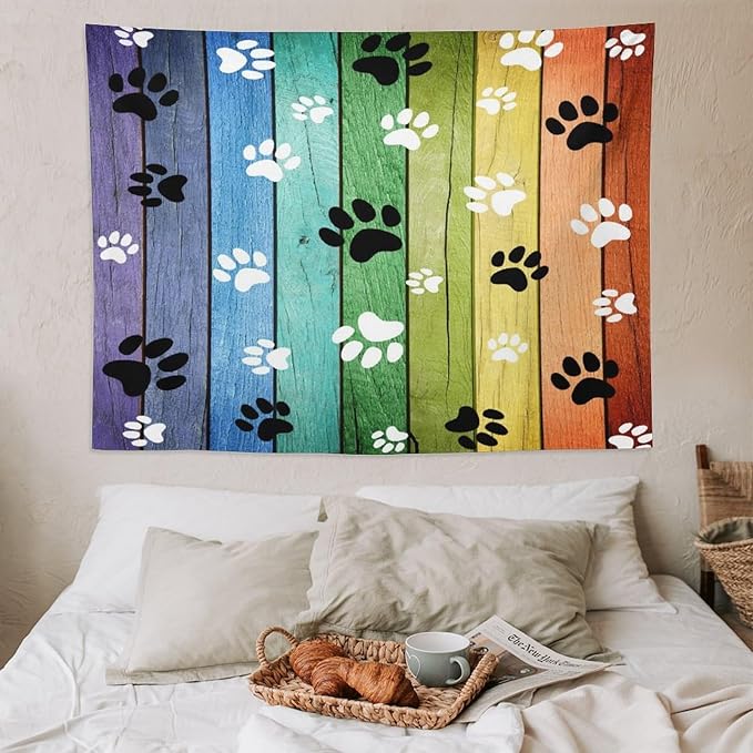 VUMIVI Dog Paw Tapestry Vintage Rustic Colorful Barn Boards Black White Animal Footprints Tapestry Wall Hanging for Living Room Bedroom Dorm Classroom Aesthetic Decor W80xL60in