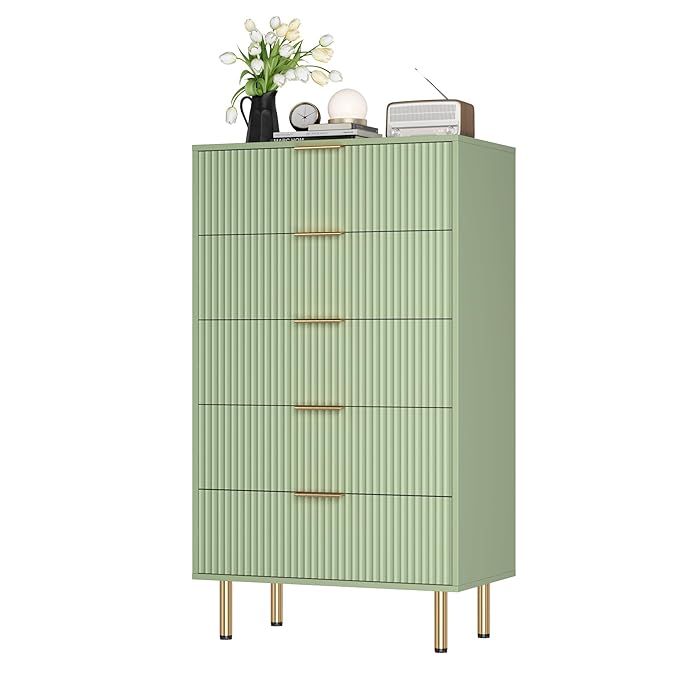 GarveeHome 5 Drawers Dresser for Bedroom, Fluted Dresser Chest of Drawers with Handle, Wood Modern Dressers for Closet, Bedroom Furniture Storage Organizer for Living Room, Hallway