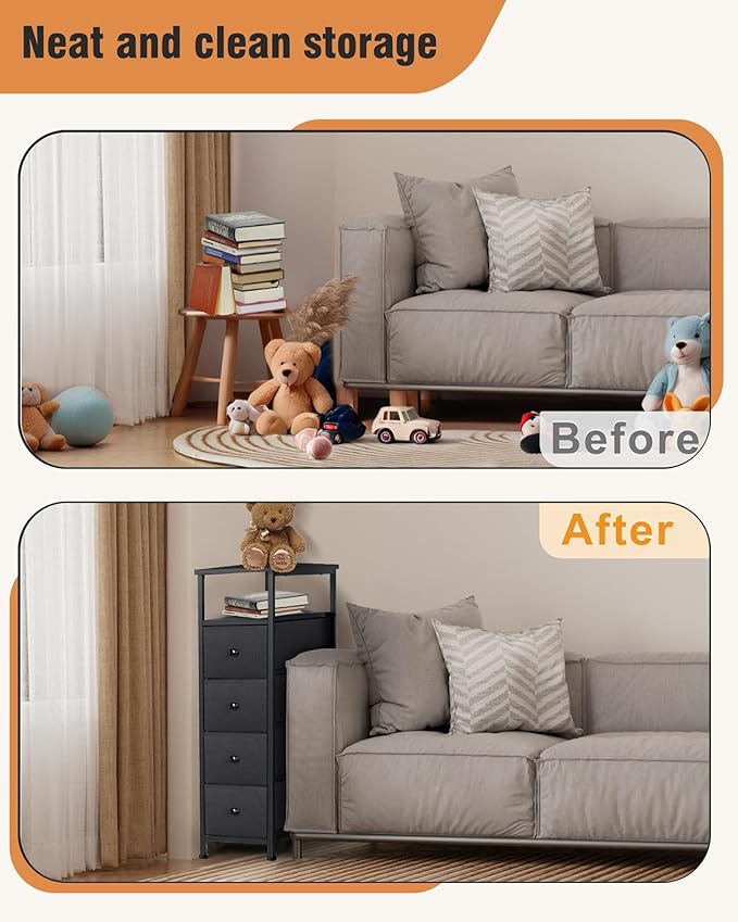 Narrow Dresser for Bedroom, Fabric Tall Dresser & Chests of Drawers with 4 Drawers, Vertical Organizer Storage Tower Unit for Bedroom, Hallway, Entryway Balck