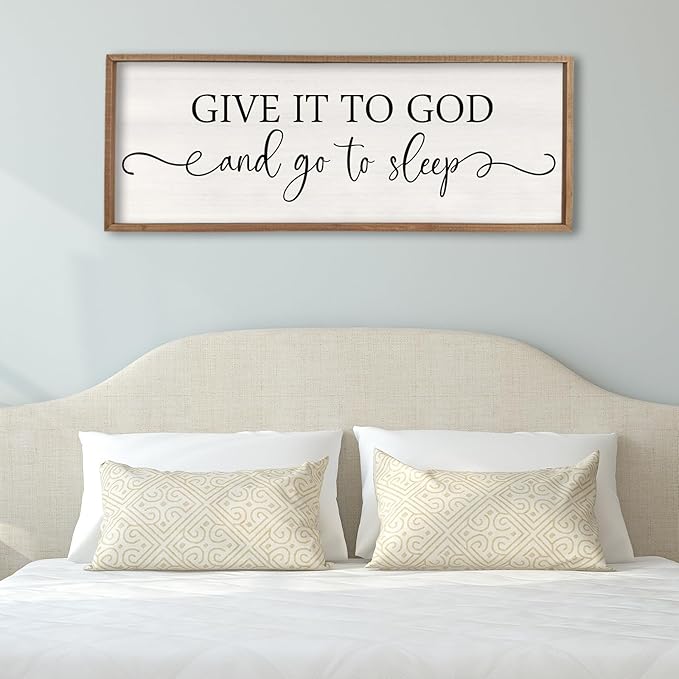 Surfapans Give It To God And Go To Sleep Sign Wall Decor 32"x12" ofr Master Bedroom Guest Room Wood Rustic Framed Wall Art Sign (Wood White)