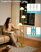 Lightdot Gold Dimmable Floor Lamp with Table, Modern Floor Lamps for Living Room, 3000K Warm Lights Tall Standing Lamp with Mushroom Shades & Bulbs Included for Bedroom/Sofa Beside/Corner Decor