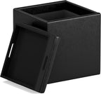 SIMPLIHOME Rockwood Cube Storage Ottoman with Tray - 17 inch Wide Upholstered Vegan Leather Square Storage Ottoman in Distressed Black, Contemporary Cube Ottoman for Living Room with Serving Tray