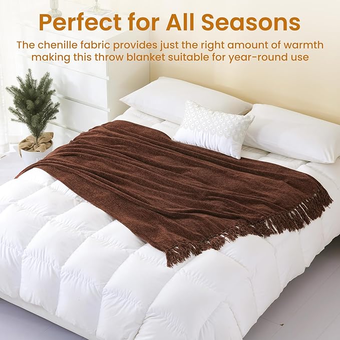 Yoenille Rust Brown Chenille Throw Blanket for Couch Bed，Soft Cozy Throw Blanket with Handmade Fringe, Decorative Blanket for Sofa Chair Living Room for Gift, (Rust Brown,60" x 80")