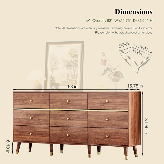 9 Drawer Dresser,63" Wide Mid Century Modern Chest of Drawers,Wooden Bedroom Drawer Dresser with 9 Storage Drawers for Bedroom, Living Room,with Anti-Tipping Device,Chestnut