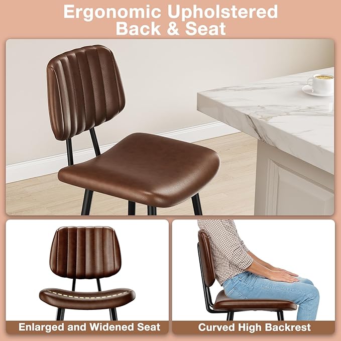 29-Inch Leather Bar Stools Set of 3, Counter Height Barstools with High Backrest，Bar Chairs for Kitchen Island with Heavy Duty Metal Legs, Dark Brown