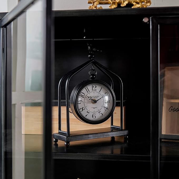 SOFFEE DESIGN 7.5'' x 10'' Mantel Clock Iron Tower Frame, Creative Bird Ornament Tabletop Clock, Silent Clock with Hollow Carved Back Cover for Home Decor, Black
