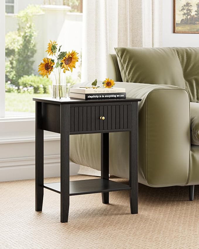 Fluted Nightstand, Farmhouse Night Stand with 1 Drawers, Mid Century Modern Side Accent Table,Bedside End Table for Bedroom, Living Room, Black
