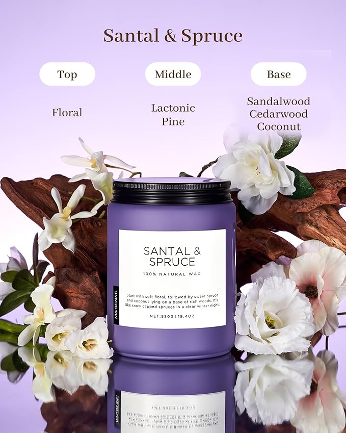 M&SENSE Santal Spruce Christmas Coconut Soy Candles for Home Scented, 19.4oz 110 Hour Slow Burning Large Candle Gift for Stress Relief, Meditation, Relaxing SPA, Best Smelling Christmas Gifts