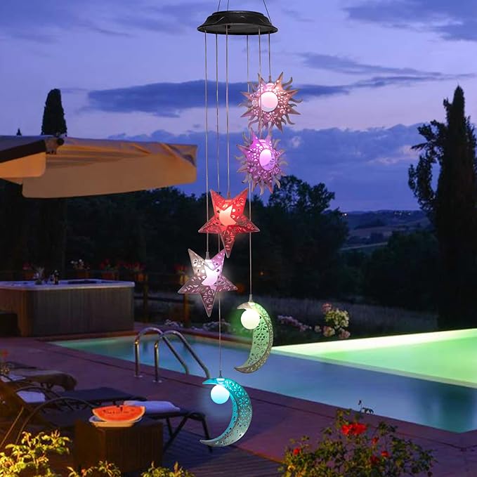 Tryme Solar Wind Chimes with Sun Moon Star Color Changing Windchimes, Outdoor Hanging Lights, Garden Decor Gifts for Mom, Grandma, Wife, Neighbors