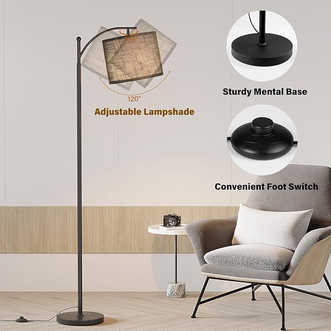 SUNMORY Arc Floor Lamp, Modern Floor Lamp with 12W 3 Color Temperatures Bulb, Metal Standing Lamps with Black Adjustable Hanging Lampshade, Tall Floor Lamps for Living Room, Bedroom, Office